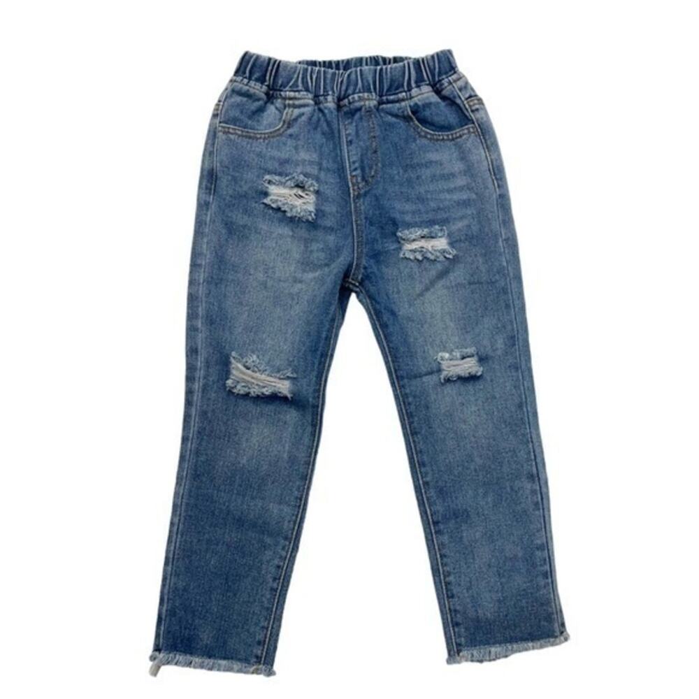 Trendy Littles Girls Distressed Jeans 6-7 Boyfriend Fit Raw Hem Elastic Waist